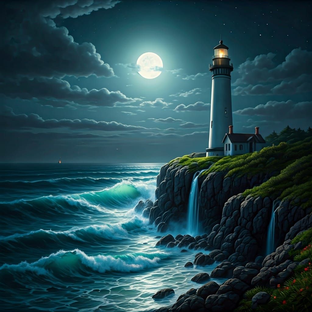 Coastal Lighthouse Under Moonlight: Romantic Seascape