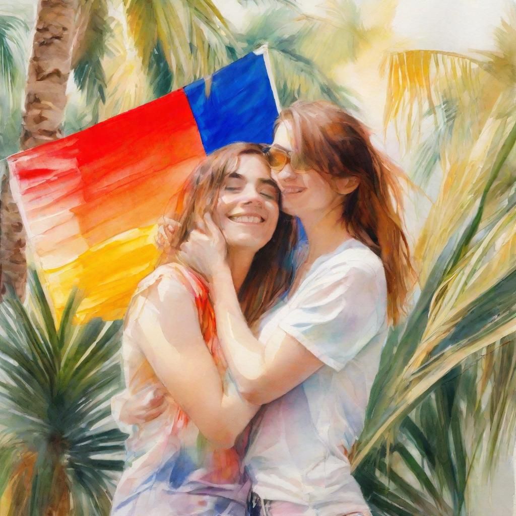 Happy Lesbian Couple Embracing: Watercolor Pride