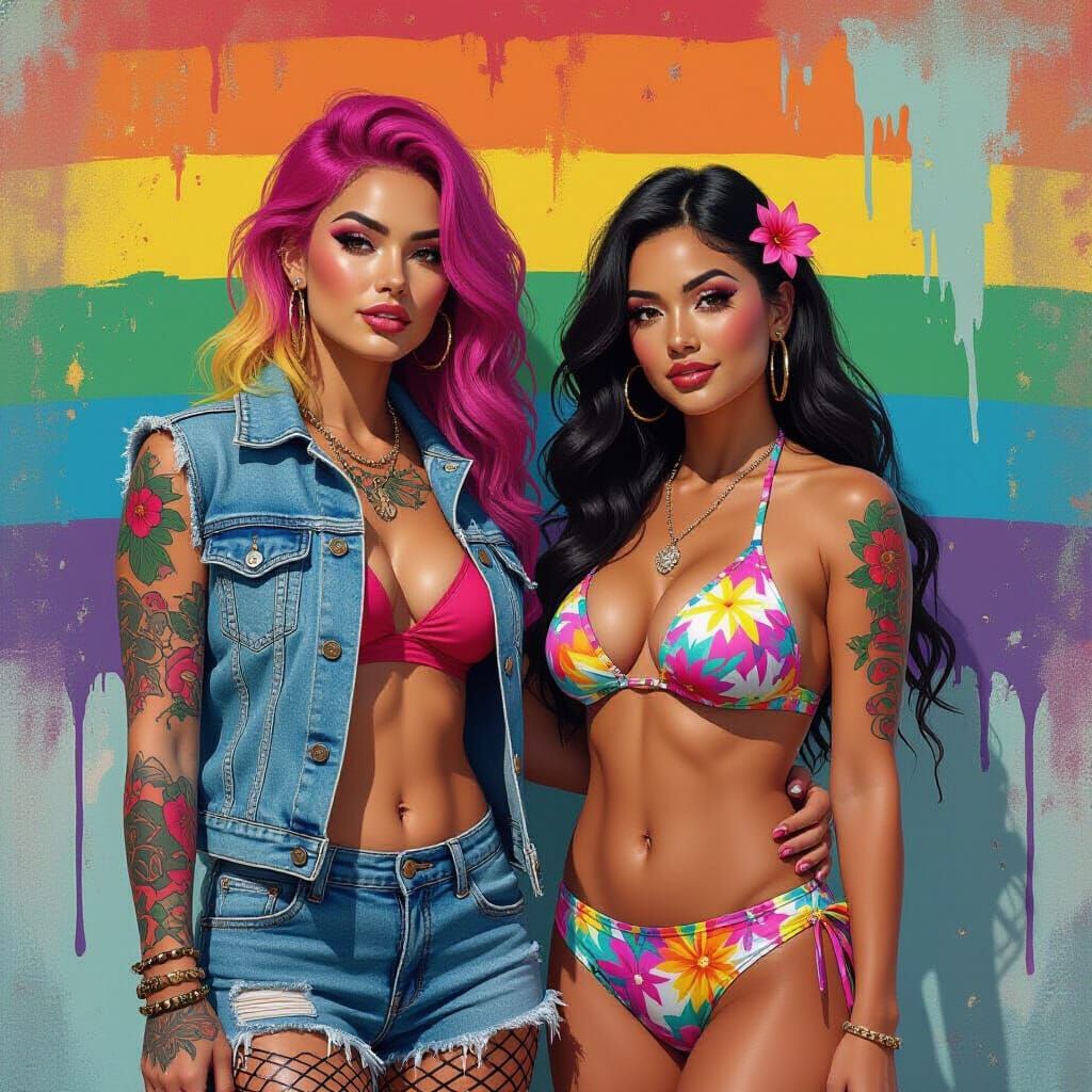 Rainbow-Haired Lesbian Couple at Pride