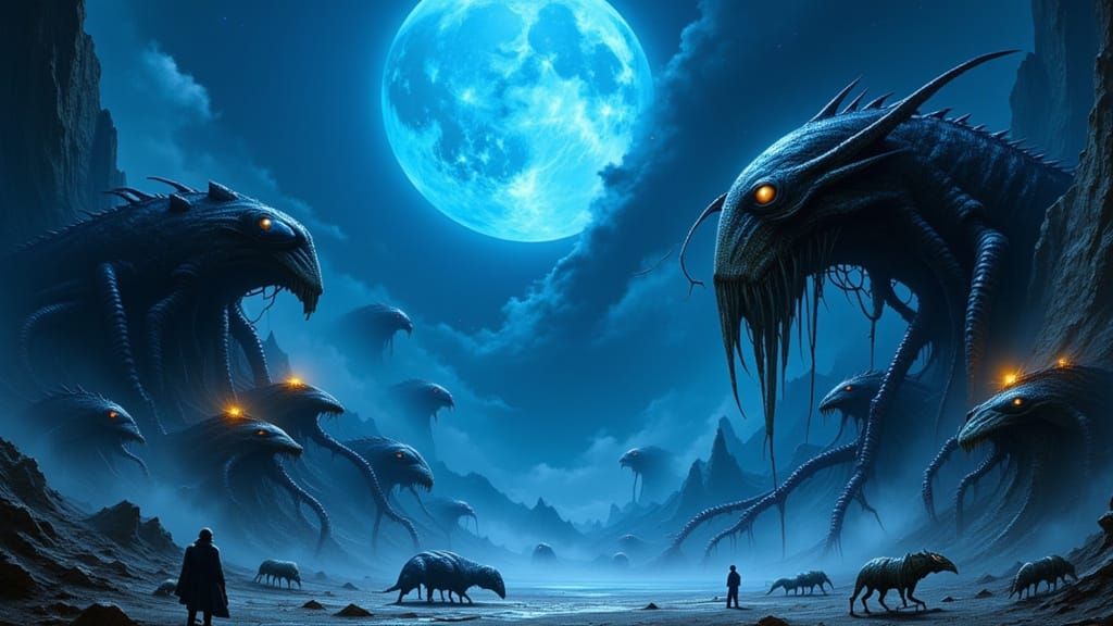 Alien World With Blue Moon And Hybrid Creatures