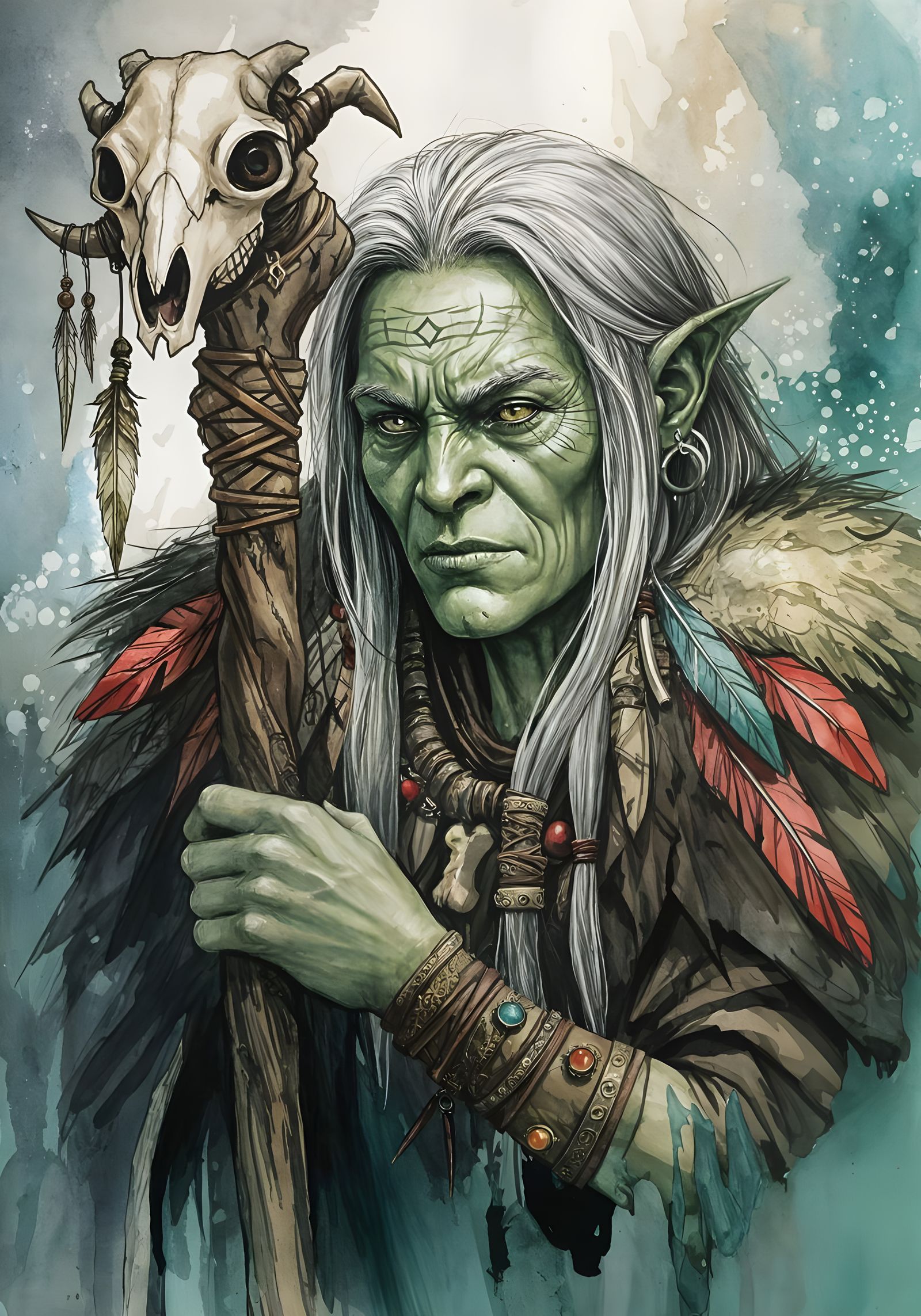 Mysterious Orc Shamaness in a Deep, Contrasting Ink Drawing ...