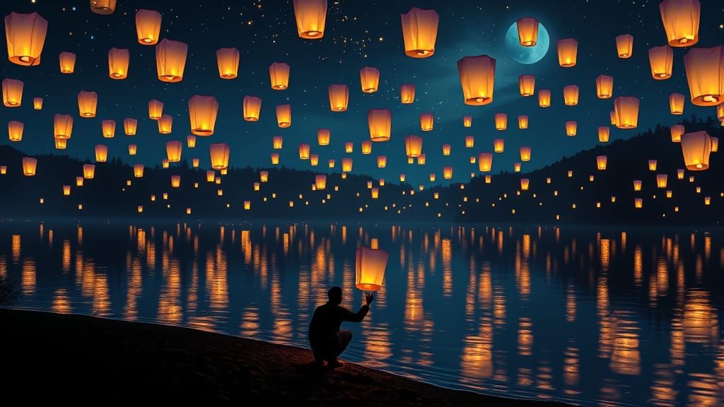 Floating Lanterns at Night by Riverbank