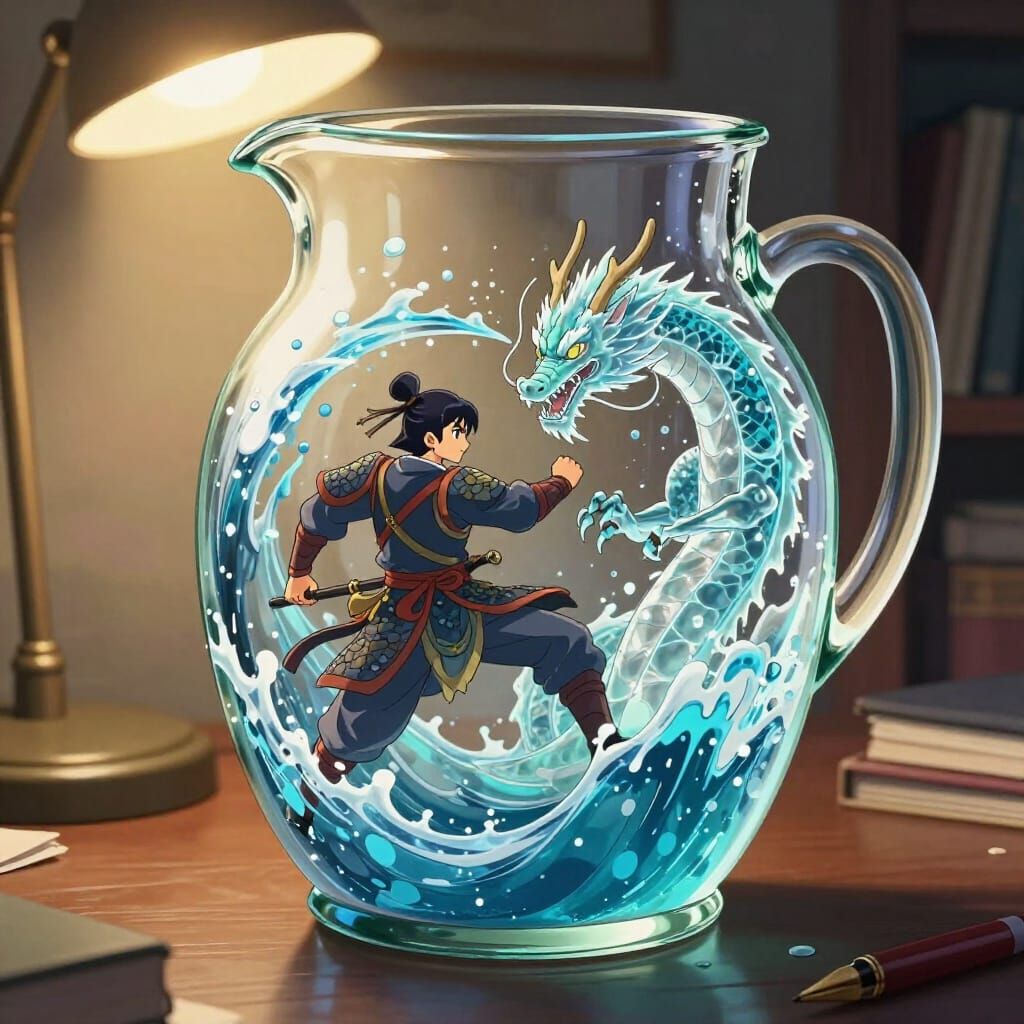 Water Warrior Battles Dragon in Jug - Anime Style