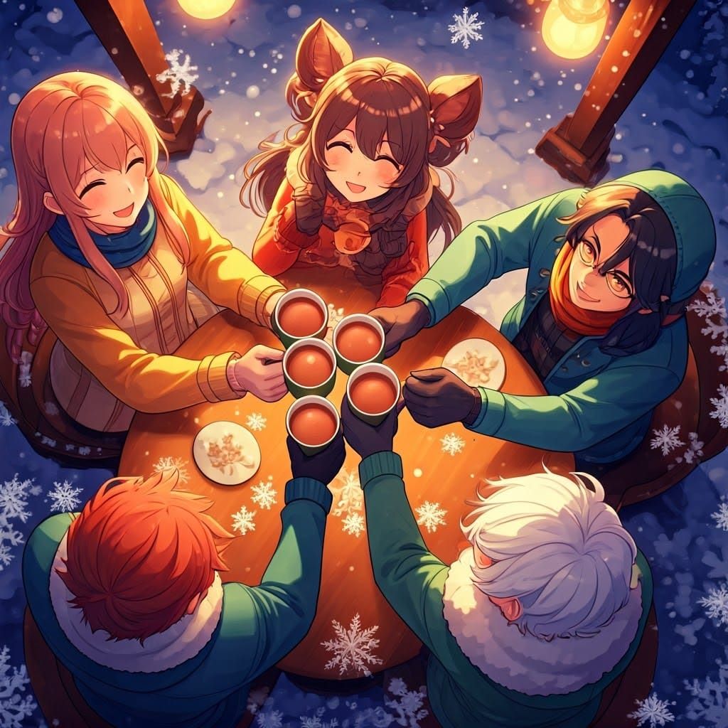 Winter Friends Share Joyful Holiday Toast