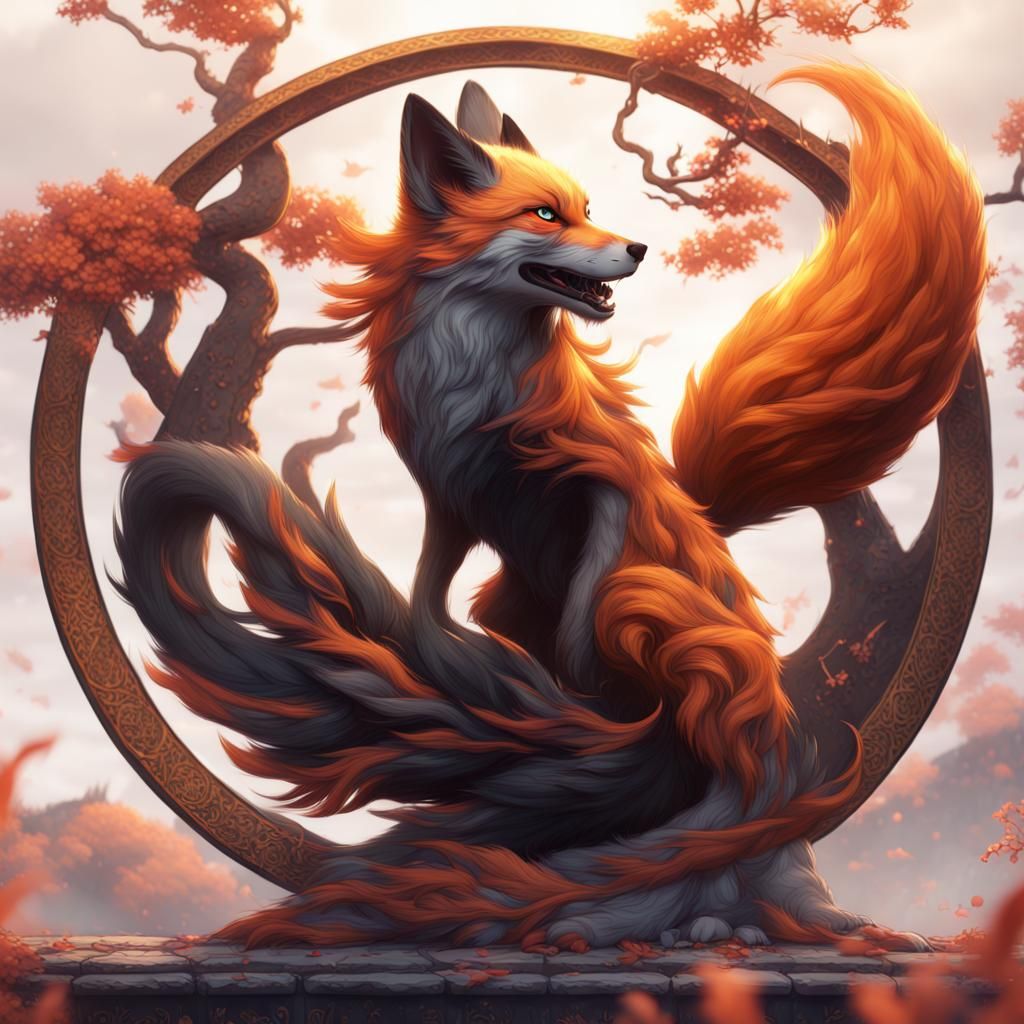 Three-Tailed Kitsune in Detailed Matte Painting