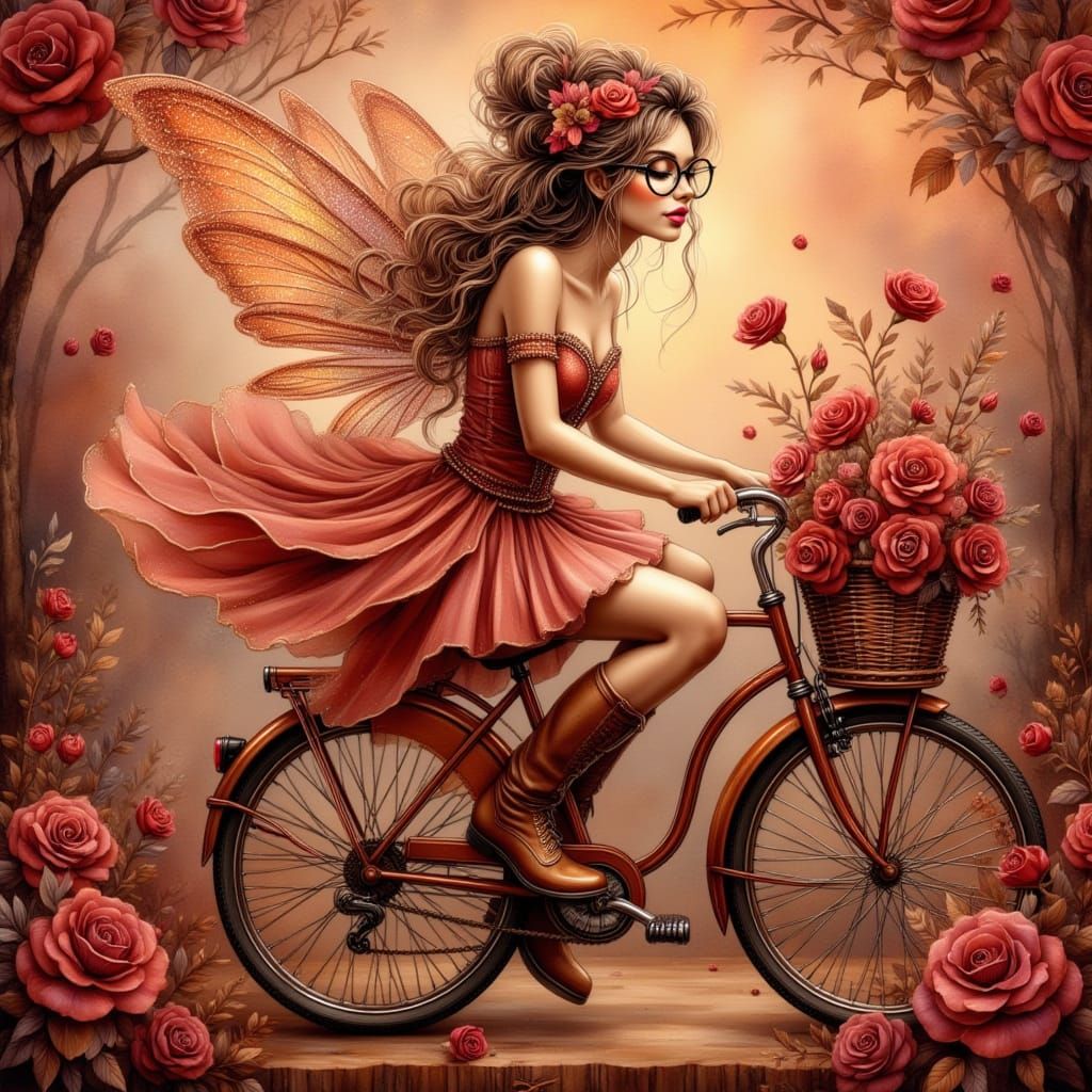 Whimsical Rose Glitter Fairy on a Sunset-Lit Bicycle