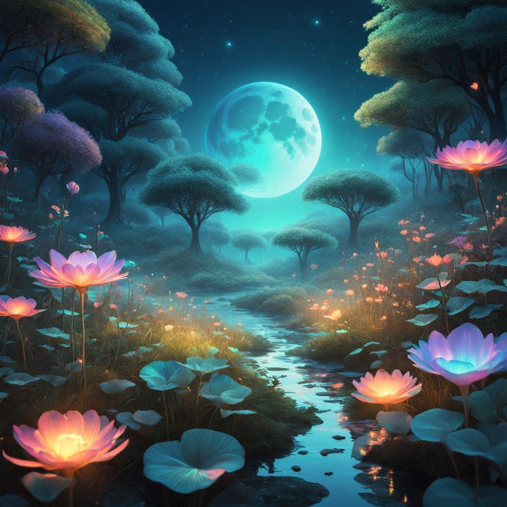 Glowing Robot Serenade in Ethereal Garden