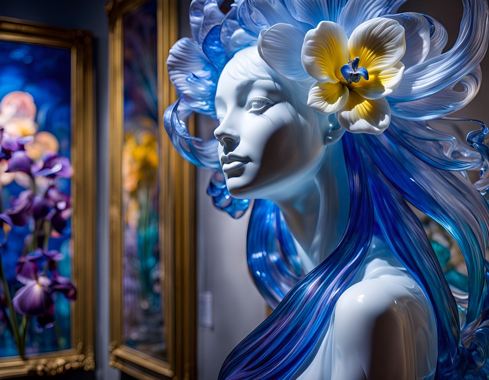 Translucent Glass Sculpture of Smiling Woman in Gallery