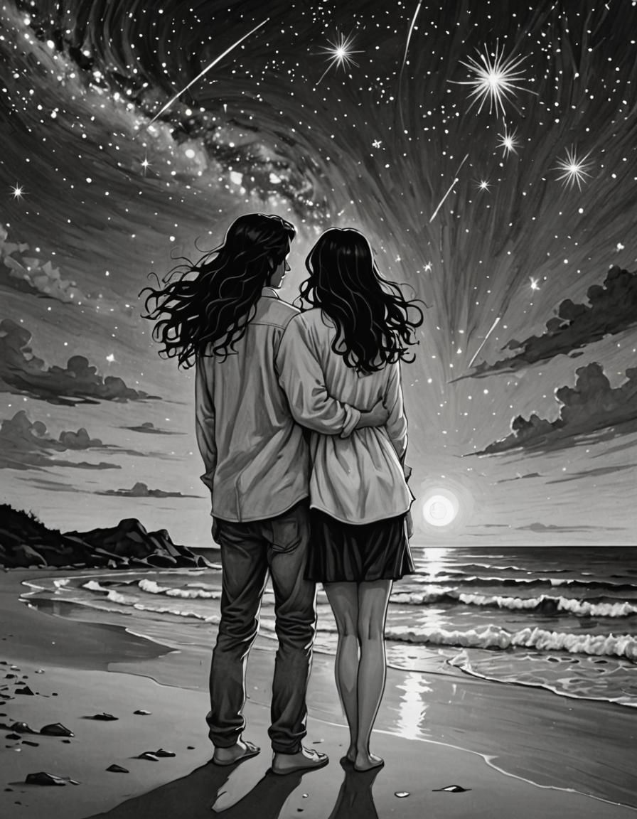 Lovers Watching Shooting Stars: Black and White Illustration