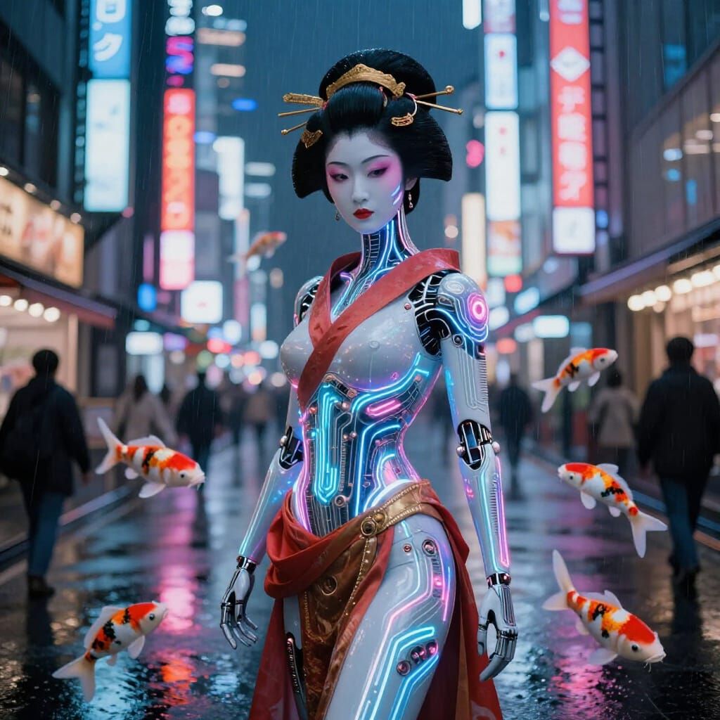 Cybernetic Geisha in Neon Tokyo Street