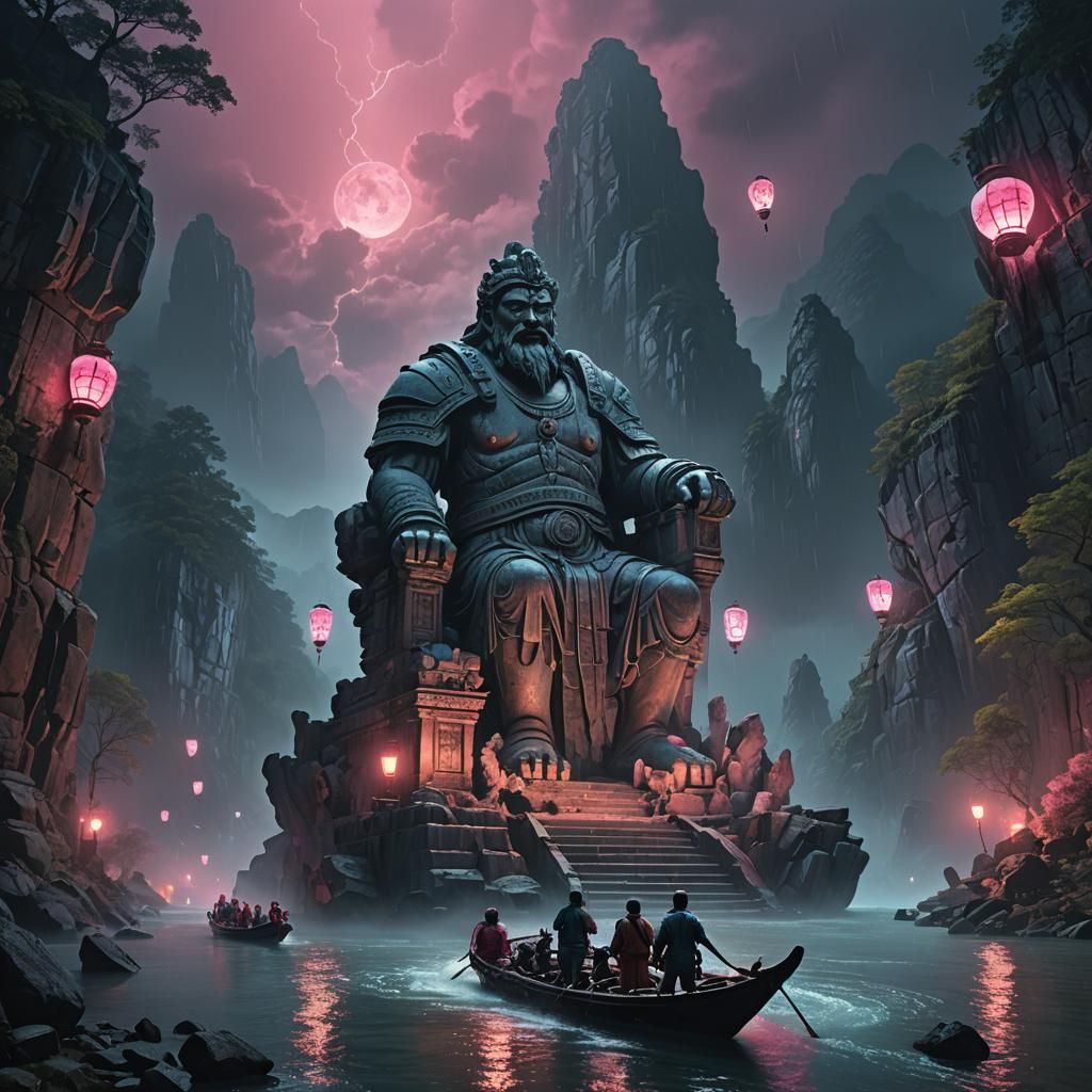 Colossal Statue Ruins at Night in Fantasy Style