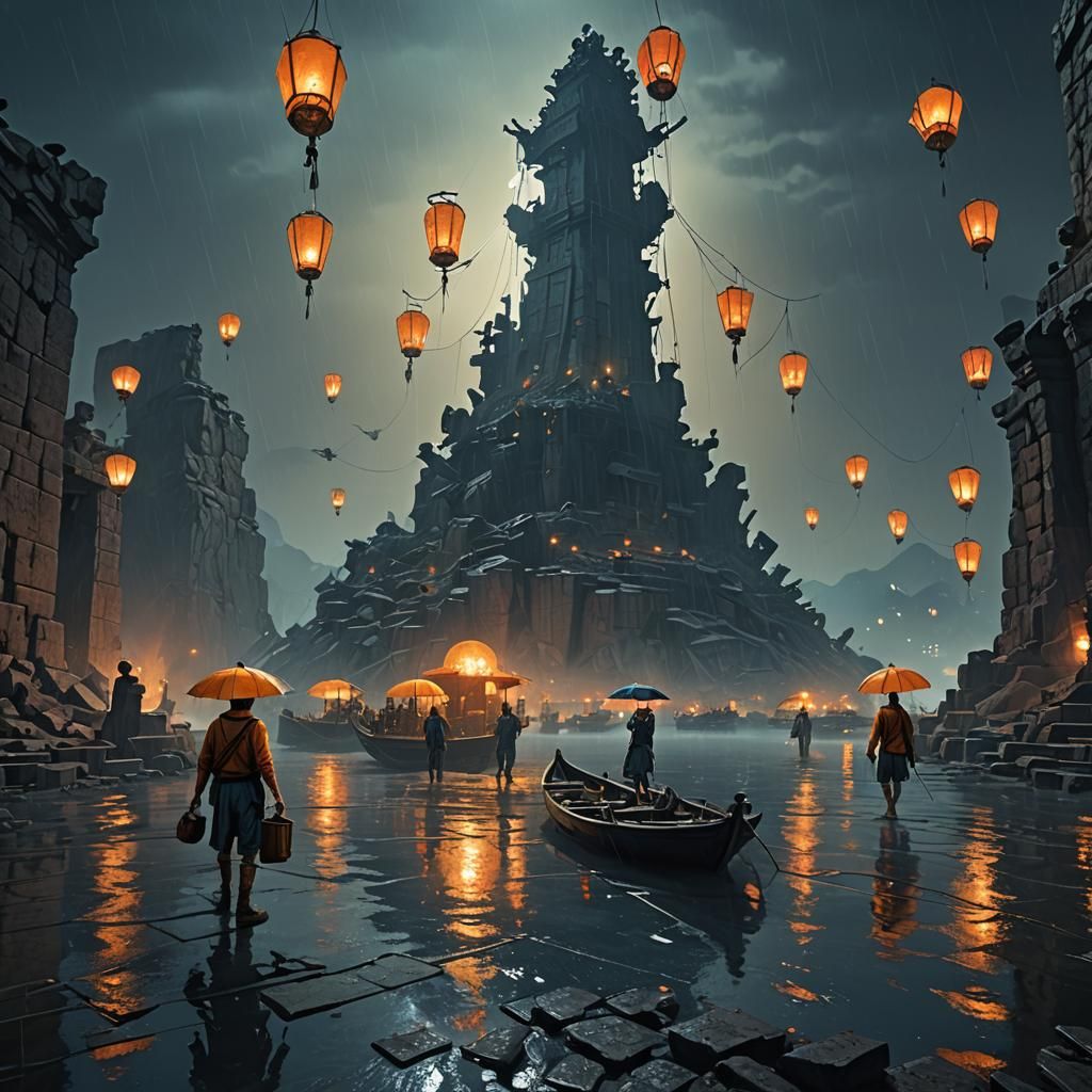 Colossus of Rhodes Remains at Night: Matte Painting