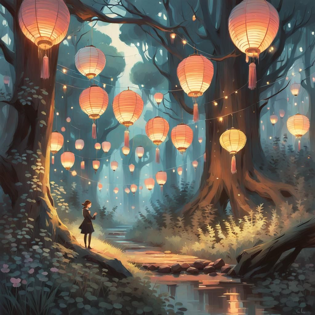 Ethereal Forest at Dusk with Lanterns, Digital Art