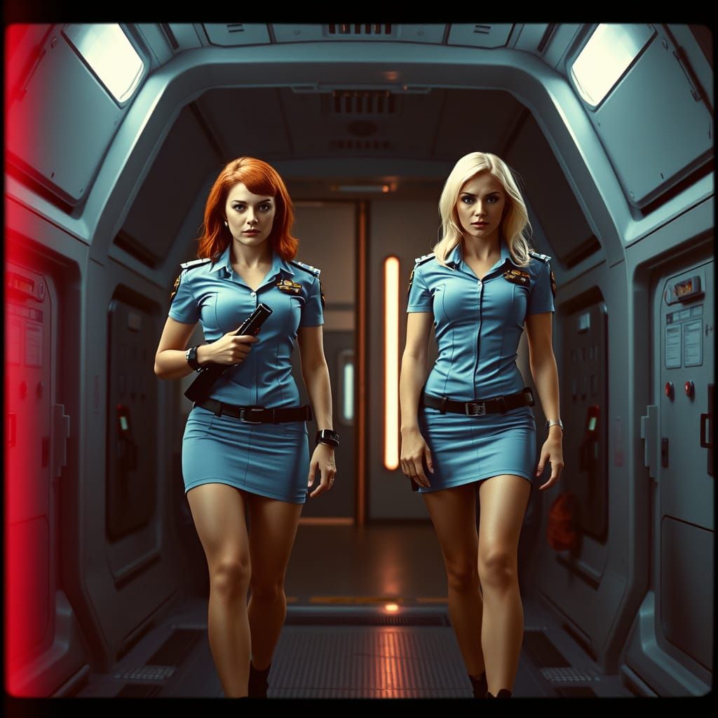 Cyberpunk Police Women in Starship Cargo Bay