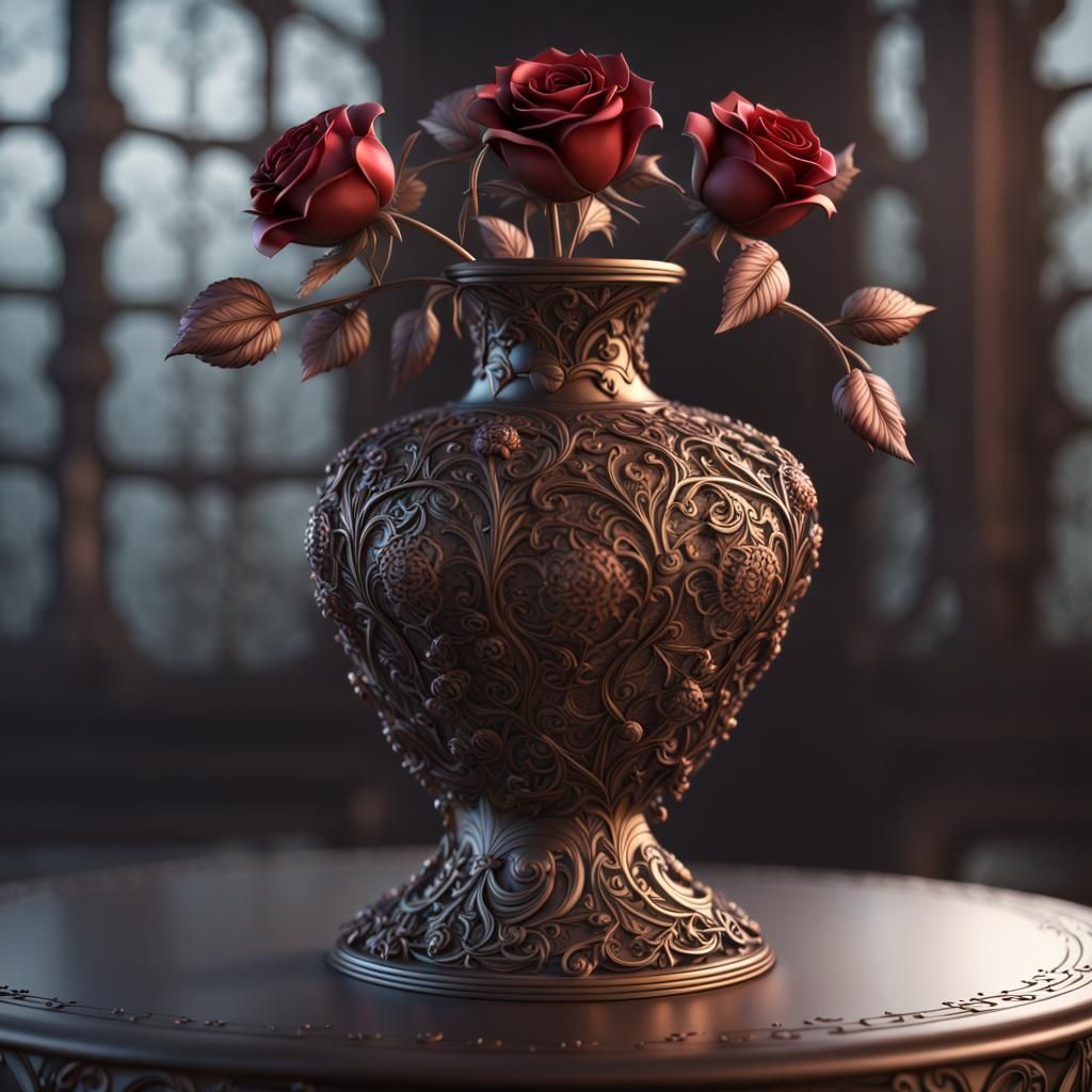 Ornate Metal Vase with Filigree Rose Buds