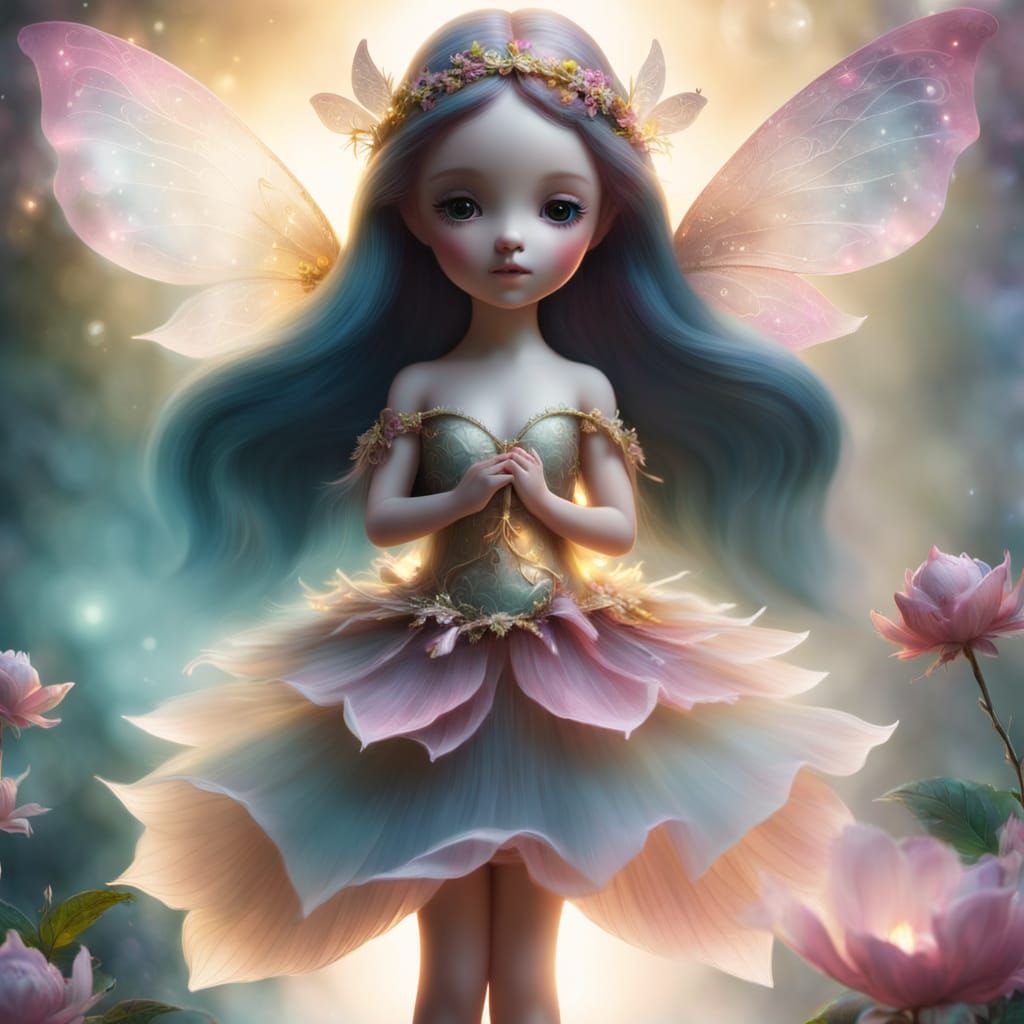 Ethereal Fairy Doll in a Misty Fantasy Landscape