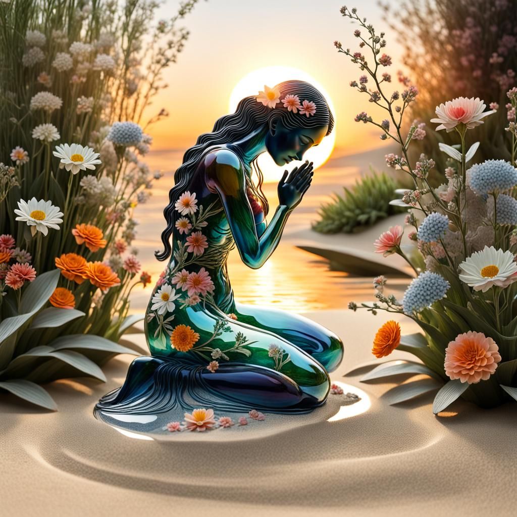 Glass Woman Filled with Flowers on Beach