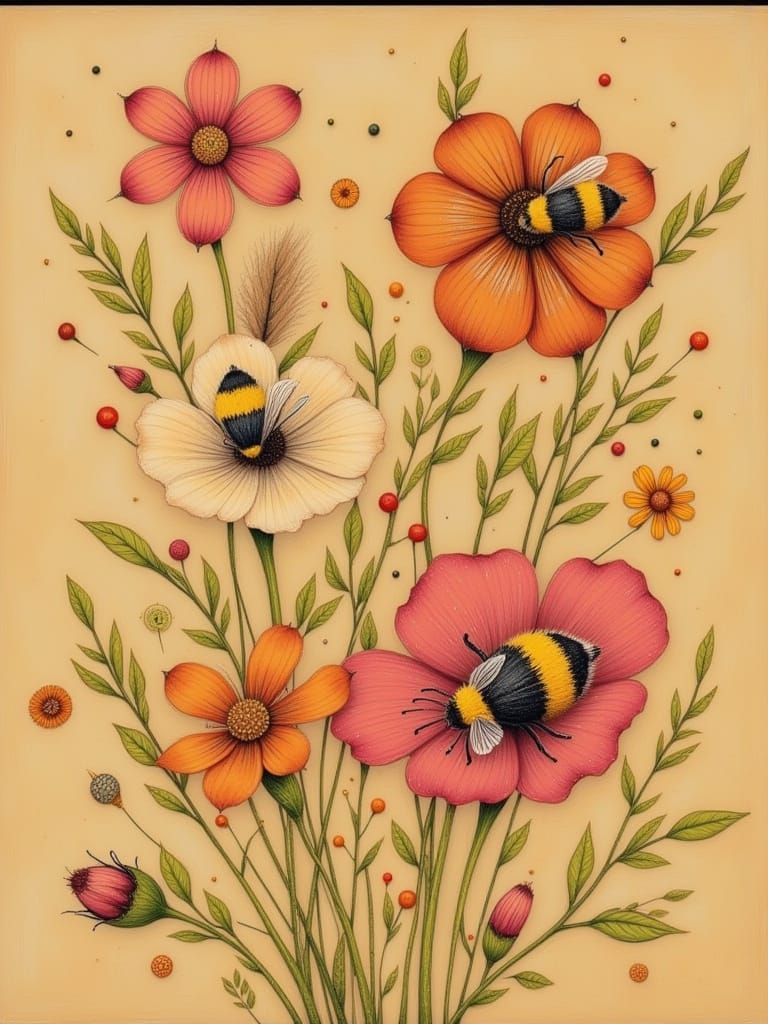 Floral Bouquet with Bees in Folk Art Style