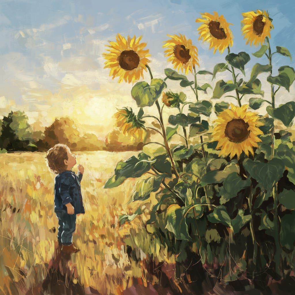 Child Contemplates Sunflowers in Vibrant Impressionist Style