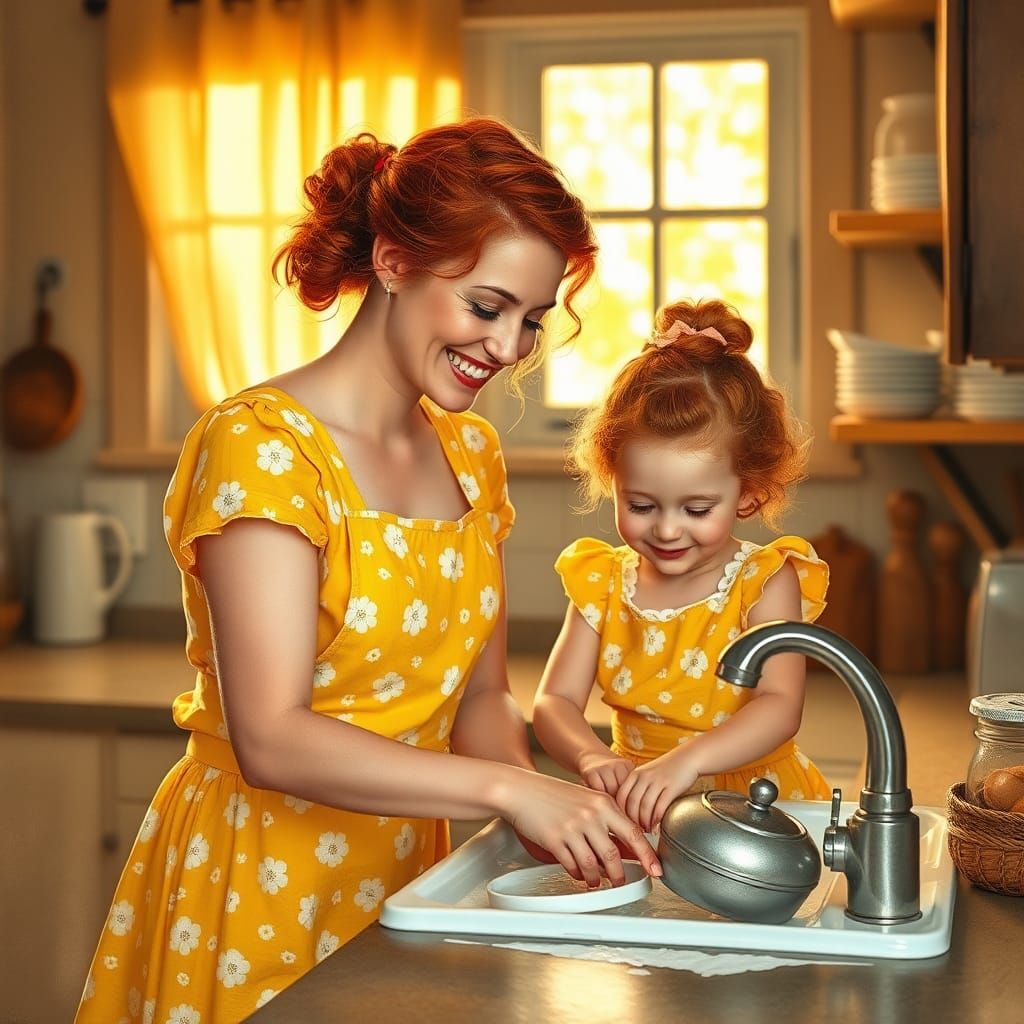 Mother and Daughter Washing Dishes: Gouache-Style Painting