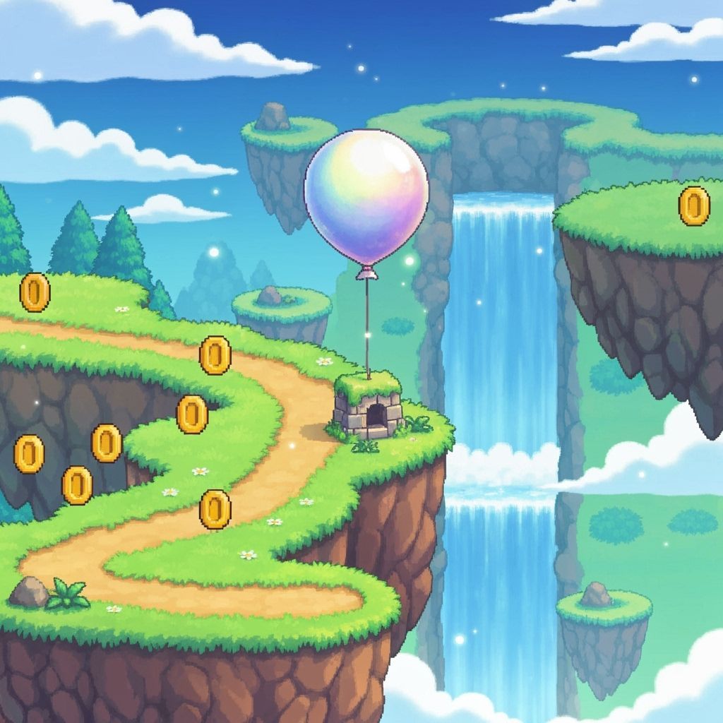 8-Bit RPG Landscape with Floating Islands and Waterfall