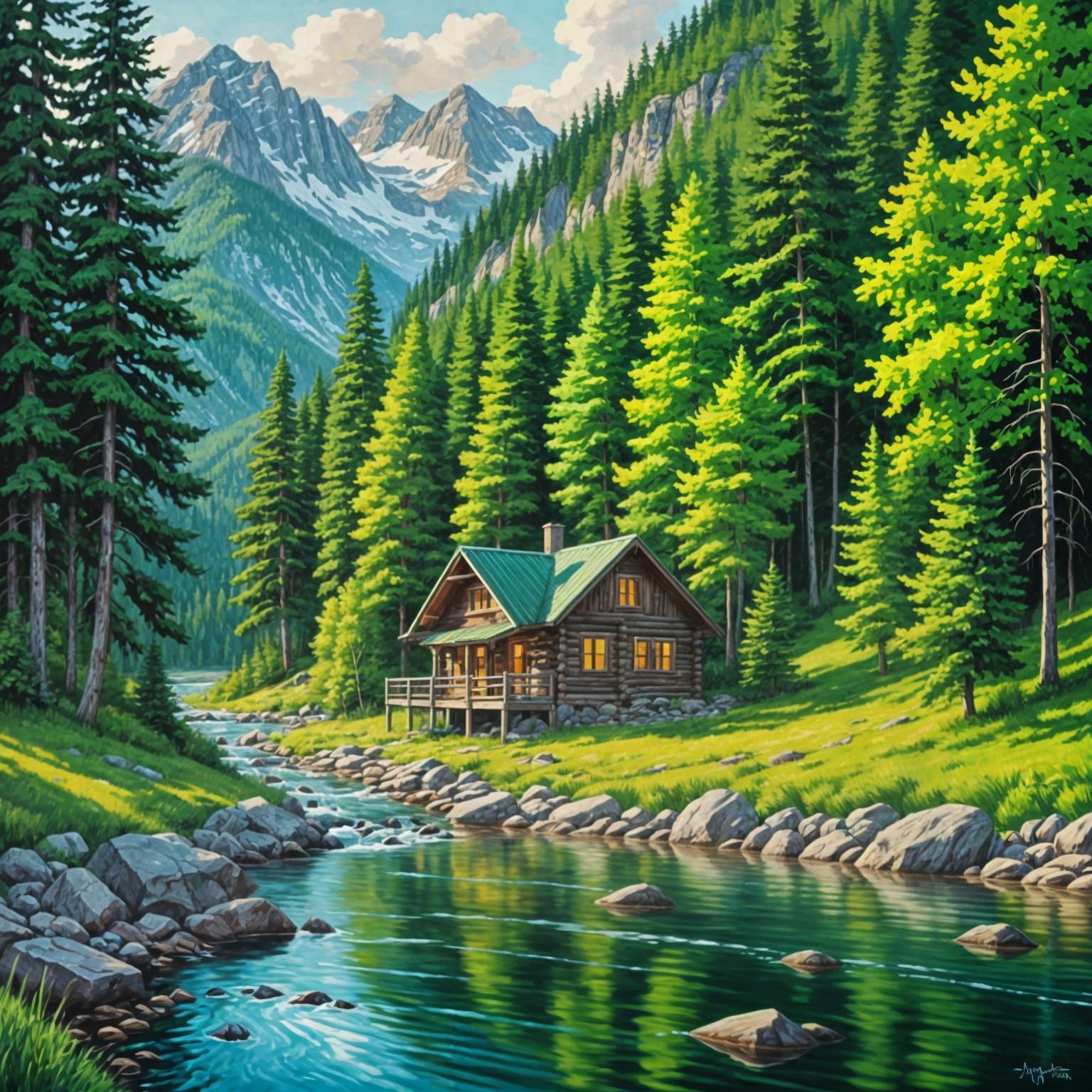 Mountain Cabin in Abstract Art Style