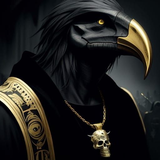 Majestic Black Bird with Golden Accents and Skull Head