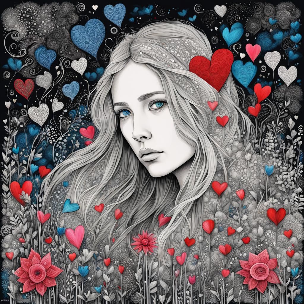 Zentangle Woman with Valentine's Day Elements