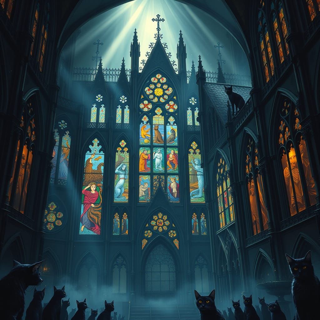 Gothic Cathedral Inhabited by Cats: A Dark Fantasy