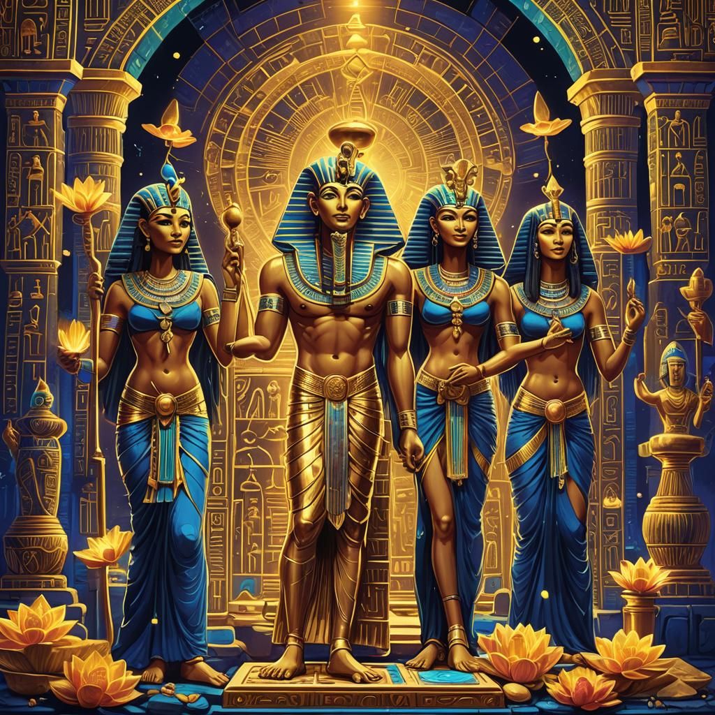 Egyptian Priests Offering to Gods in Blacklight Style