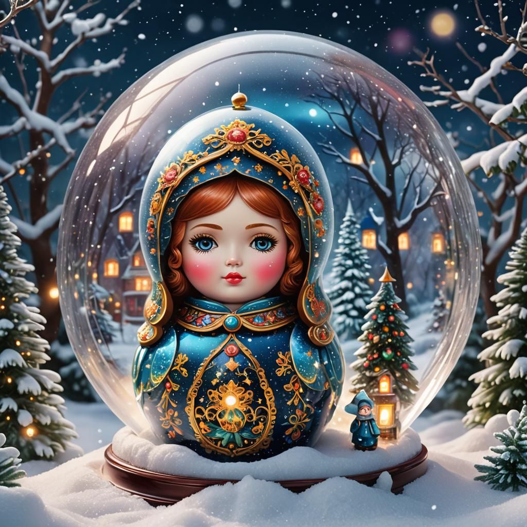 Winter Russian Doll in Snow Globe, Mixed Media