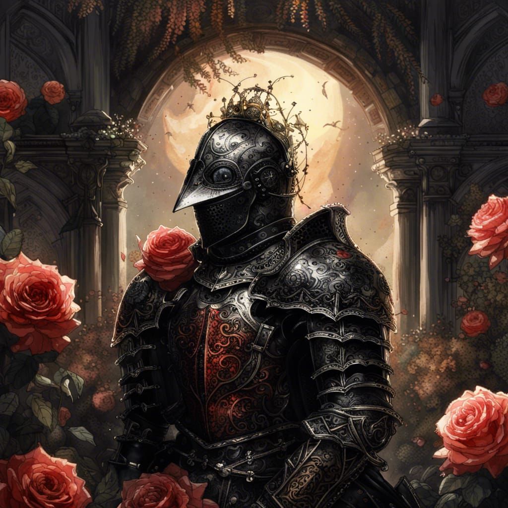Gothic Knight in Rose Garden: A Dark Fantasy Illustration