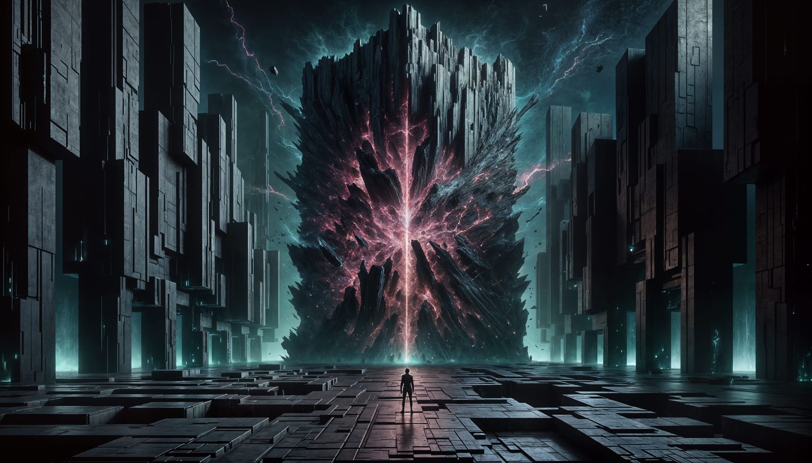 Cosmic Horror Figure Confronts Ancient Monolith