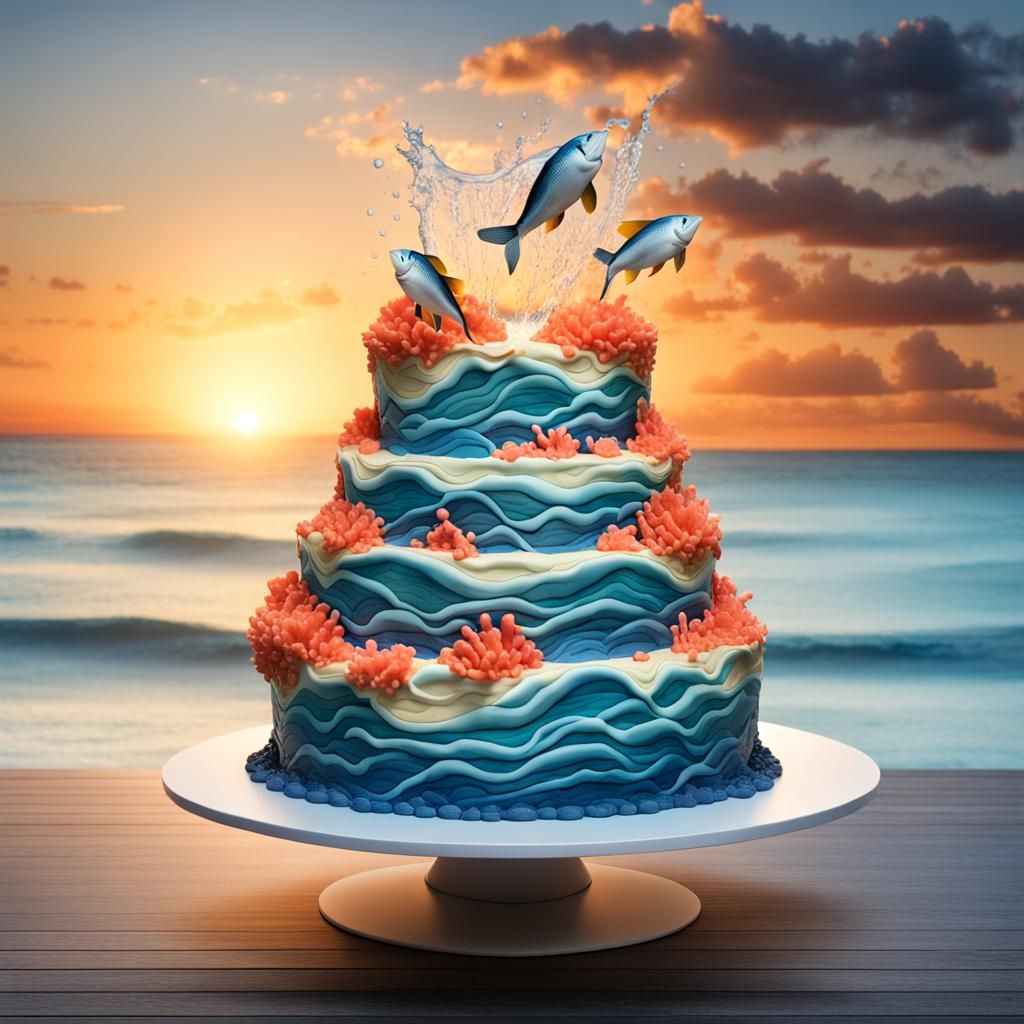 Elaborate Water Cake with Fish and Coral Reefs