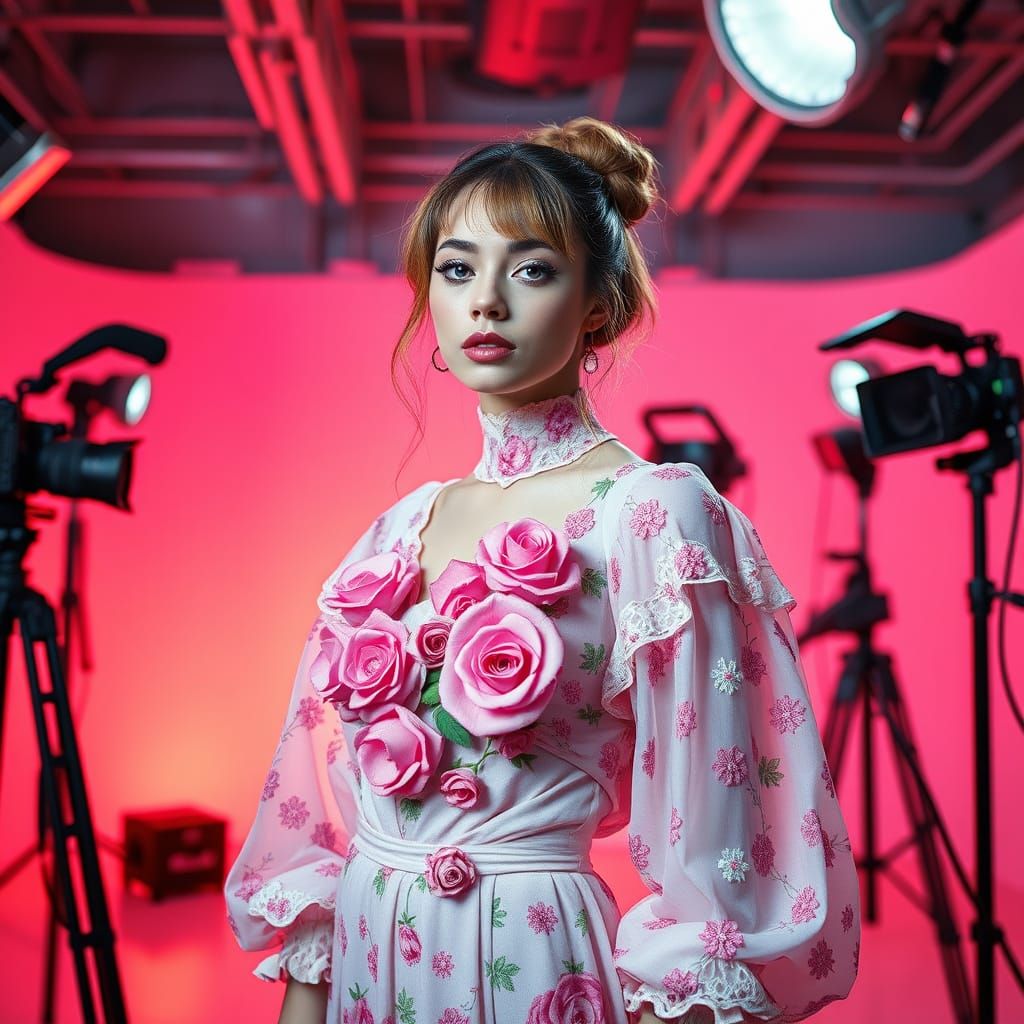 Woman in Rosy Outfit in Bright Studio