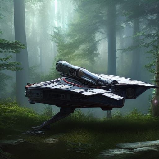 Realistic Spacecraft in Forest: Detailed Matte Painting