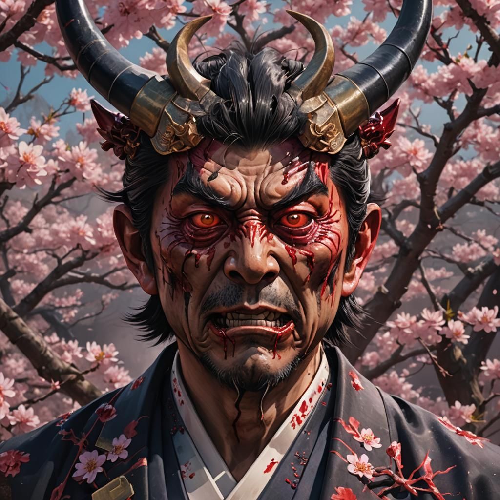 Shinzo Abe as a Terrifying Oni Monster in Imperial Regalia