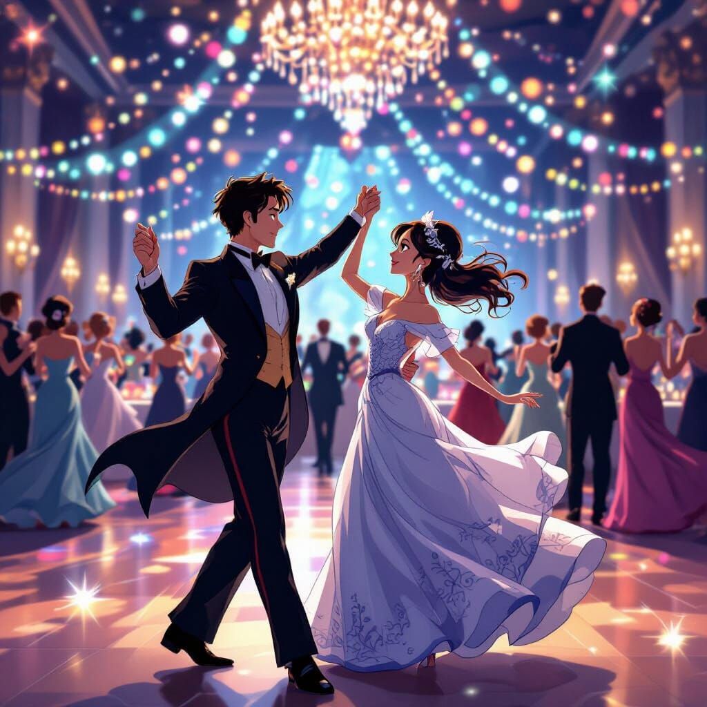 Whimsical Animated Dance in a Shimmering Ballroom