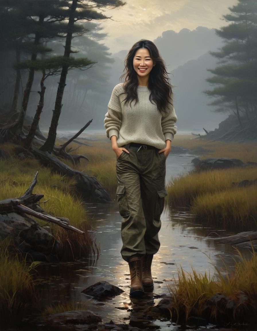Korean Woman Walking in Misty Moor, Chiaroscuro Oil