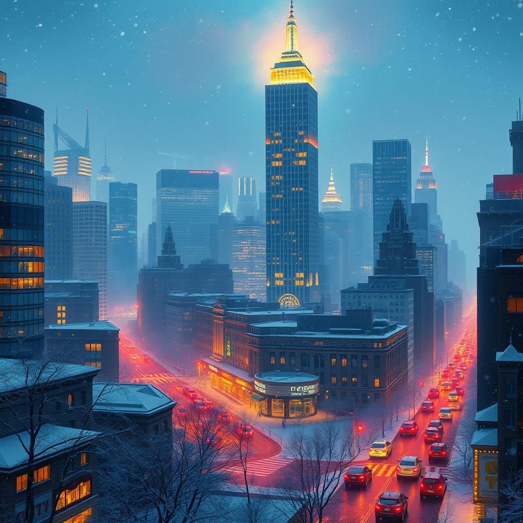 Futuristic Winter Wonderland Cityscape in Vibrant Lights