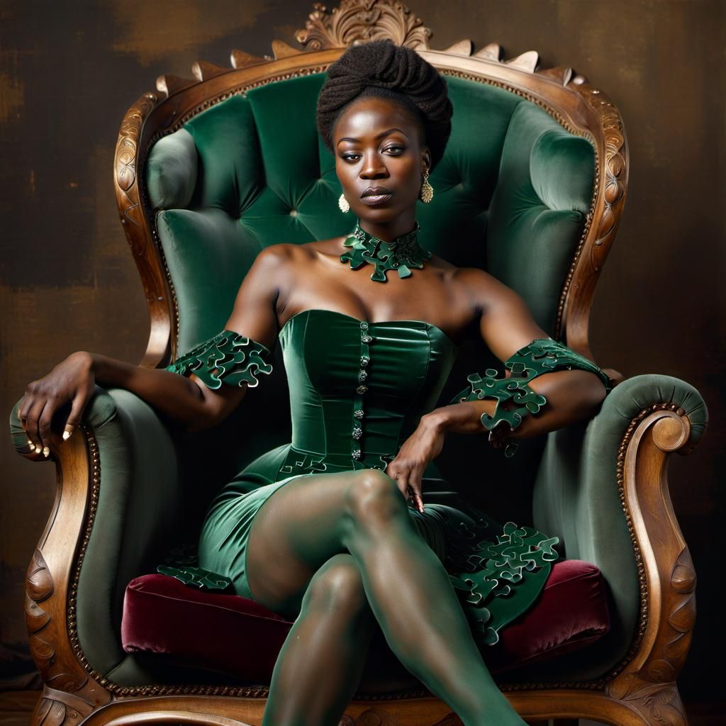 Woman in Green Velvet Surrounded by Puzzles