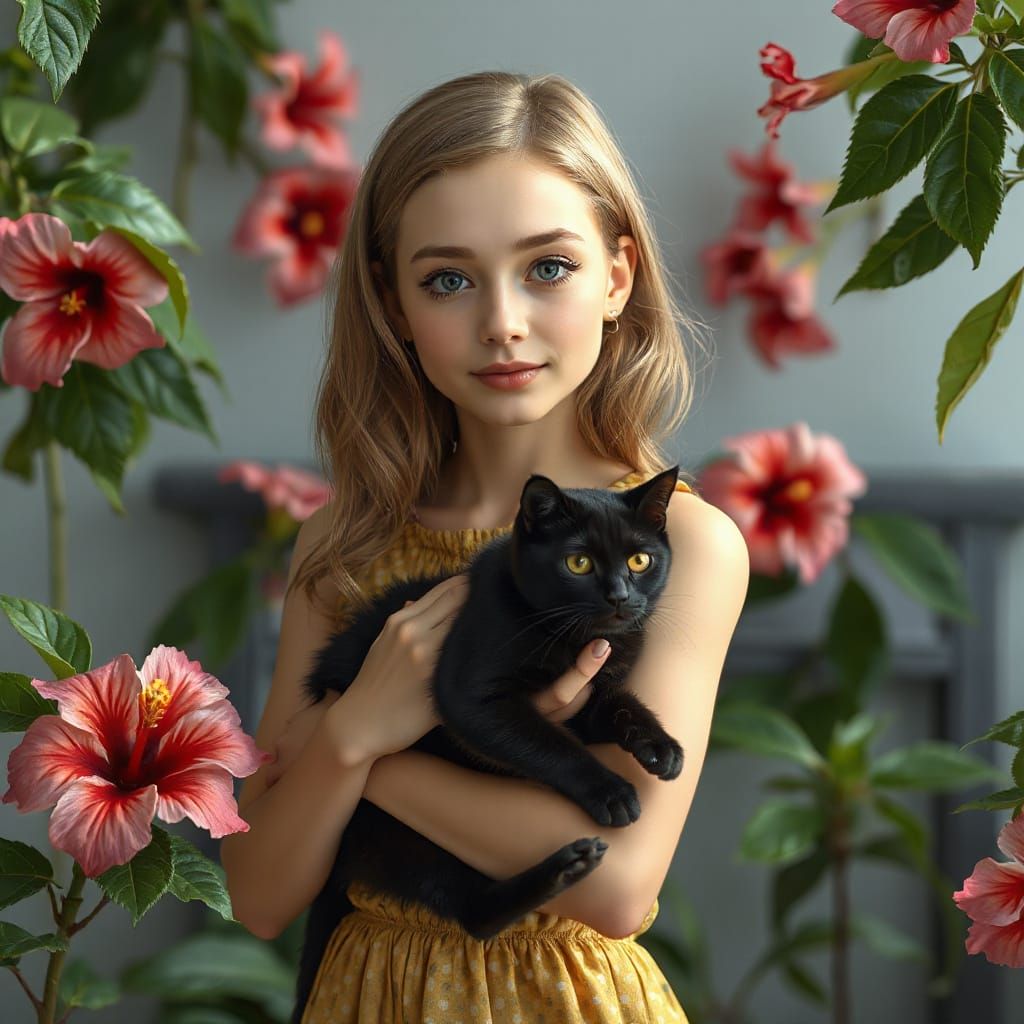 Hibiscus Woman with Cat in Hyperrealistic Style