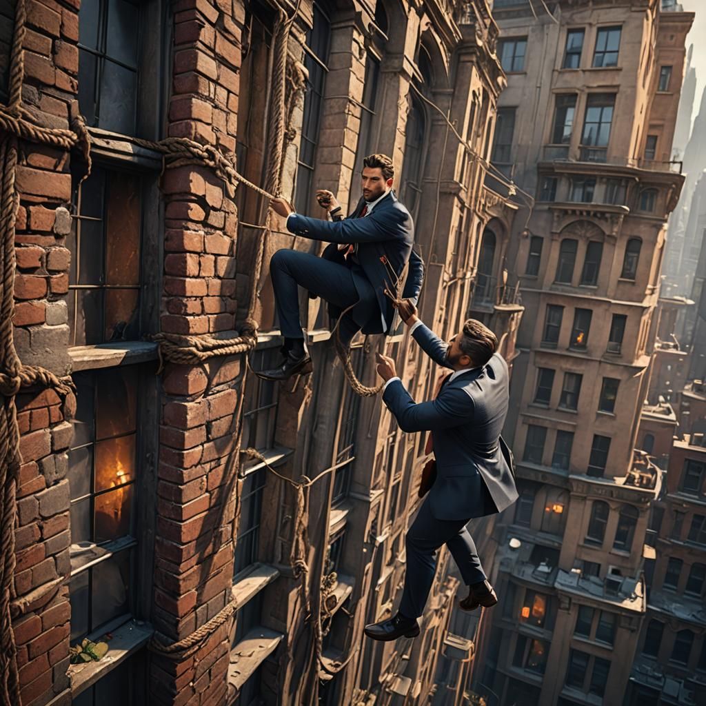 Heroic Man in Suit Climbs Building: Fantasy Art