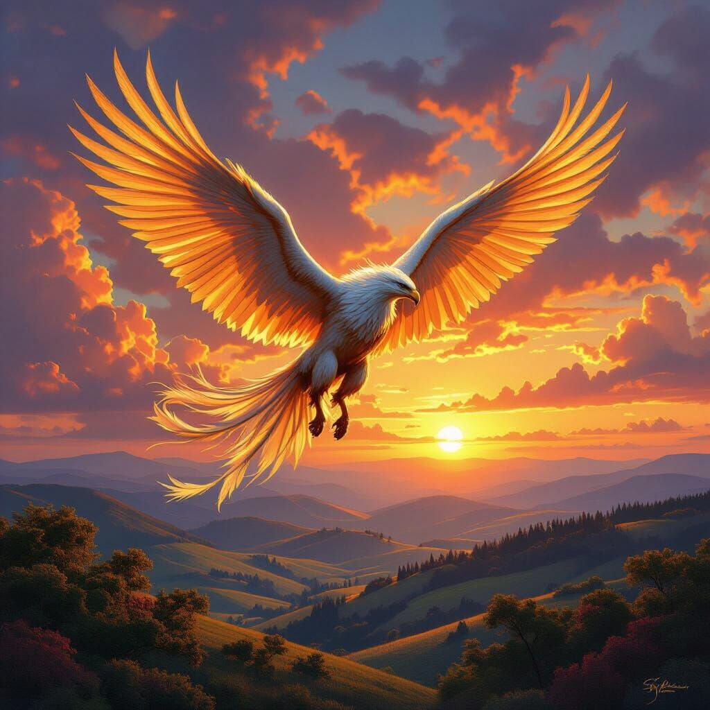 Griffin Soaring Through Sunset Sky in Hyperrealism