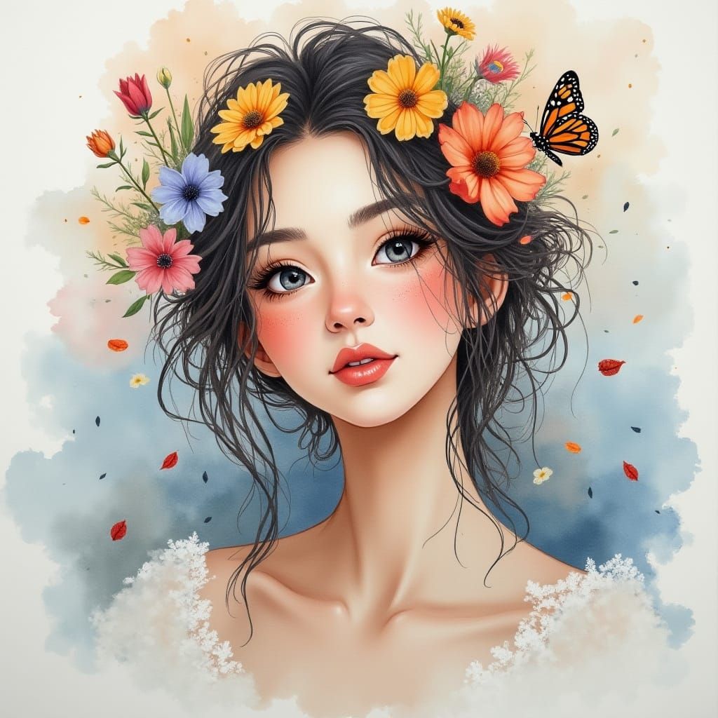 Watercolor Portrait of a Woman with Wildflowers