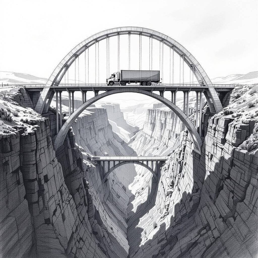 Pencil Sketch of Truck Crossing Arch Bridge