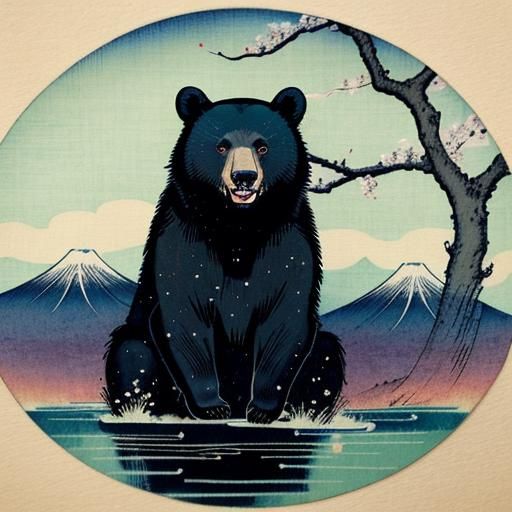 Vibrant Japanese Woodblock Print of a Happy Black Bear in Sp...