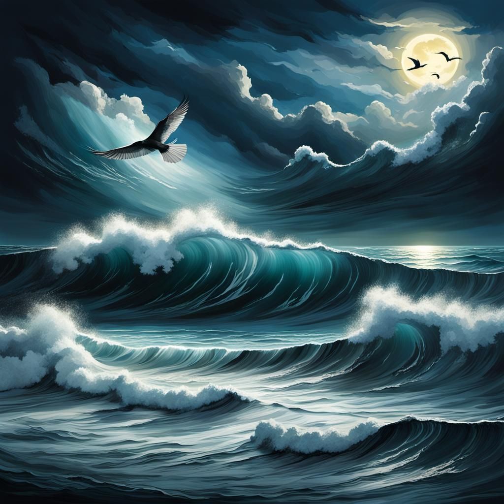 Stormy Ocean Under Moonlight: Dramatic Brushstrokes