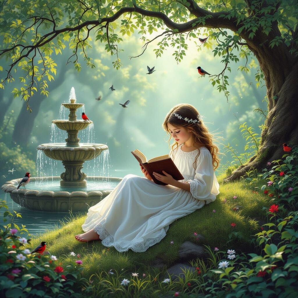 Enchanted Forest Scene with Girl Reading, in Ethereal Style