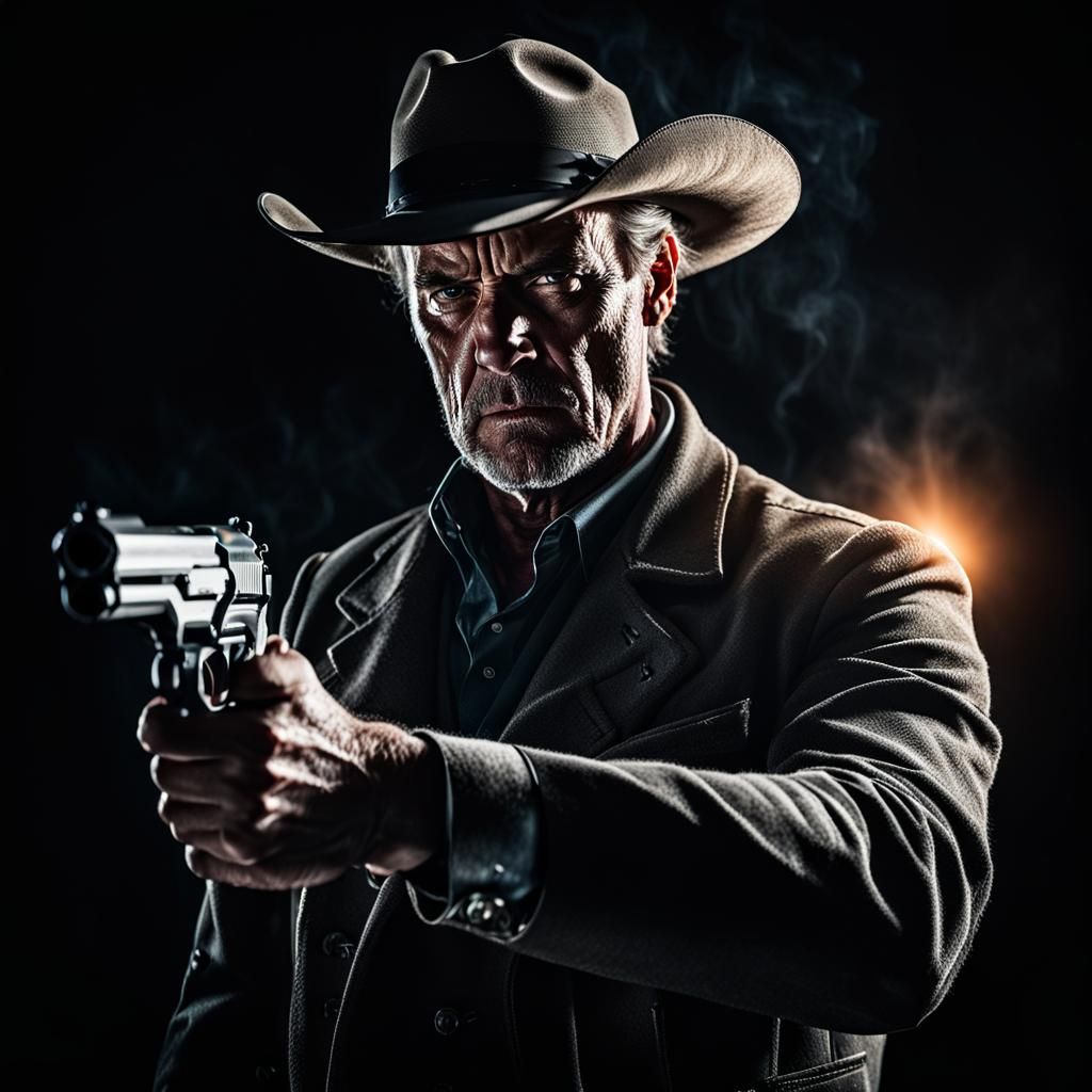 Intense Gunslinger Portrait, Glowing Foreground